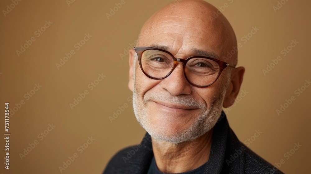 Smiling bald man with glasses and gray beard. Smiling bald man with glasses and gray beard.