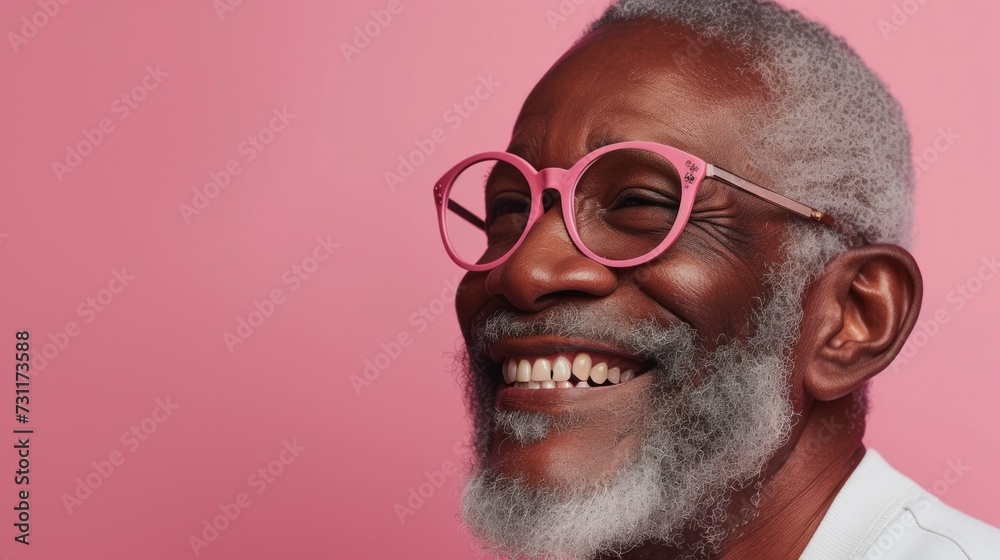 Smiling elderly man with white beard and pink glasses. Smiling elderly man with white beard and pink glasses.