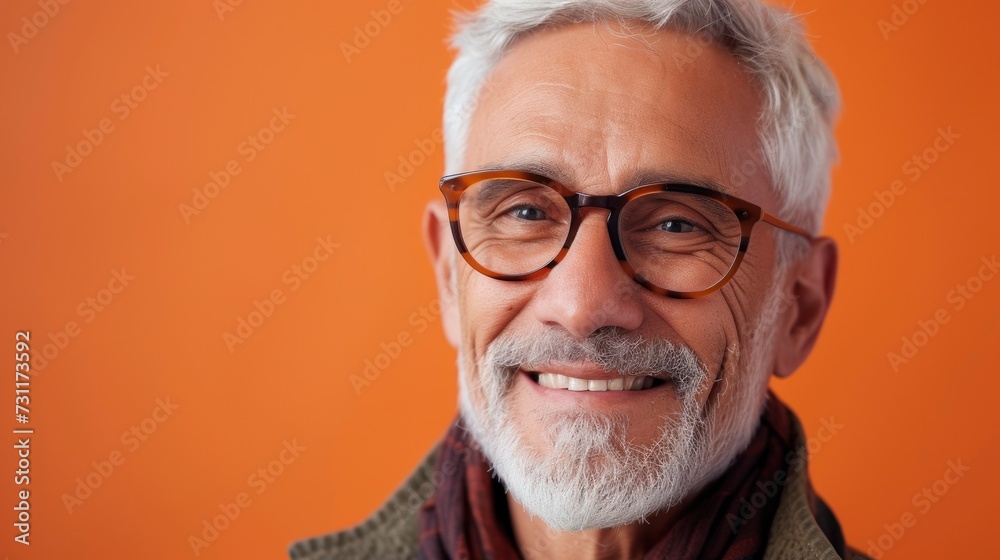 Smiling older man with white hair and beard wearing glasses and a scarf against an orange background. Smiling older man with white hair and beard wearing glasses and a scarf against an orange background.