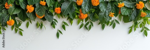 Marigold flowers garland  toran  with leaves on white background. Indian religious holidays. Hindu New Year  Gudi Padwa  Ugadi holidays. Design for banner  header with copy space