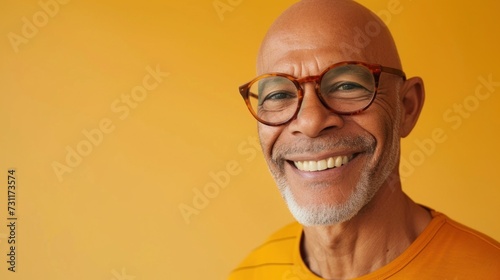 Smiling bald man with glasses and gray beard wearing orange shirt against yellow background. photo