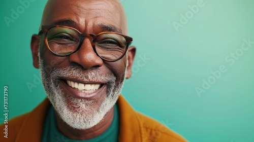 Smiling man with glasses and white beard wearing orange jacket against green background. © iuricazac
