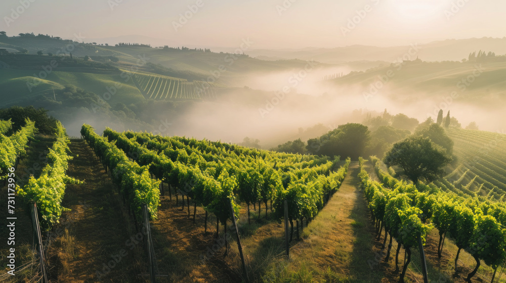 Rows of vines in vineyard, foggy sunrise