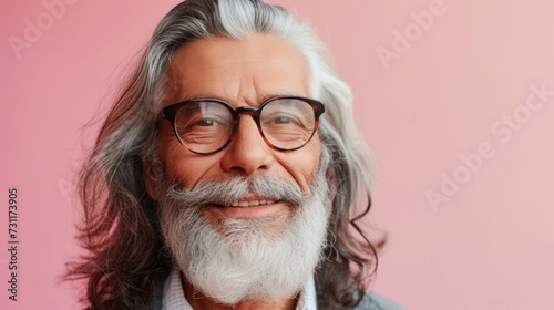 A smiling elderly man with white hair and a beard wearing glasses and a suit against a pink background.