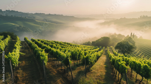 Rows of vines in vineyard, foggy sunrise photo