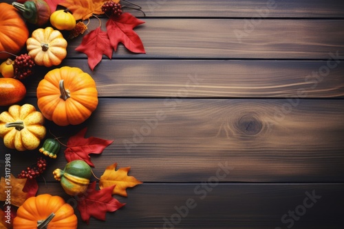 Happy Thanksgiving Greeting with Colorful Pumpkins, Squash and Leaves over Dark Wooden Background