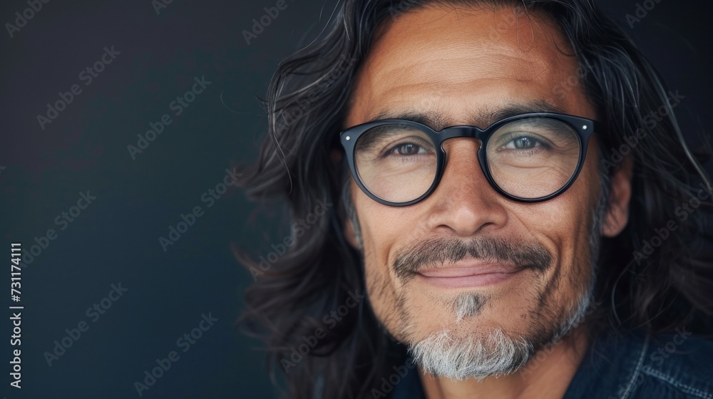 A man with long hair and a beard wearing glasses smiling against a dark background. A man with long hair and a beard wearing glasses smiling against a dark background.