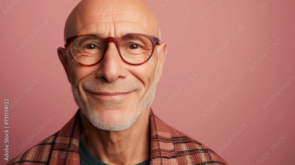 The image depicts a bald man with glasses smiling at the camera wearing a plaid shirt against a pink background. The image depicts a bald man with glasses smiling at the camera wearing a plaid shirt against a pink background.