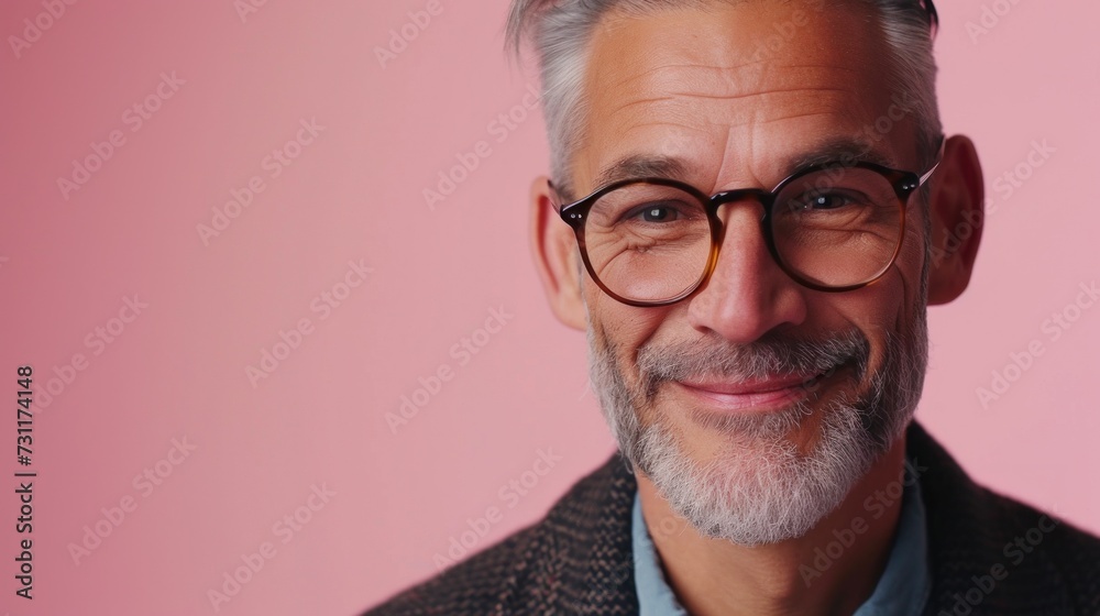 A man with gray hair and a beard wearing glasses smiling at the camera against a pink background.