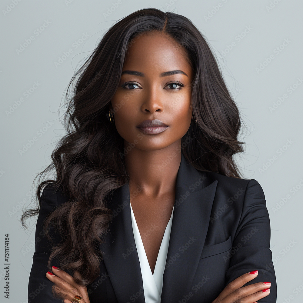 Well dressed melanin skin woman with perfect skin and hair portrait ...