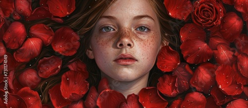 Red rose petals surround a young girl in her portrait.