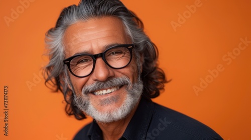 Smiling man with gray hair beard and glasses wearing a dark shirt against an orange background. © iuricazac