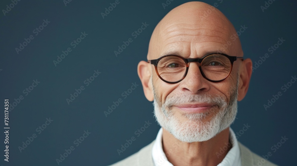 A bald elderly man with a white beard and mustache wearing glasses smiling against a blue background. A bald elderly man with a white beard and mustache wearing glasses smiling against a blue background.