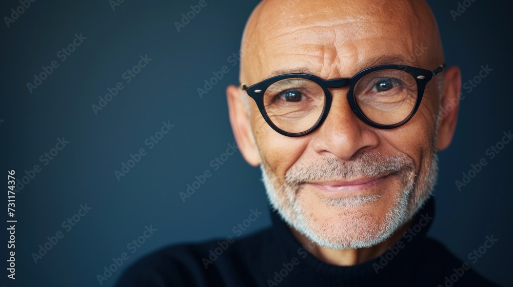 Smiling bald man with glasses wearing black turtleneck against dark blue background. Smiling bald man with glasses wearing black turtleneck against dark blue background.
