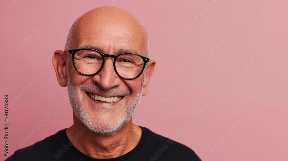 Smiling bald man with glasses and gray beard against pink background. Smiling bald man with glasses and gray beard against pink background.