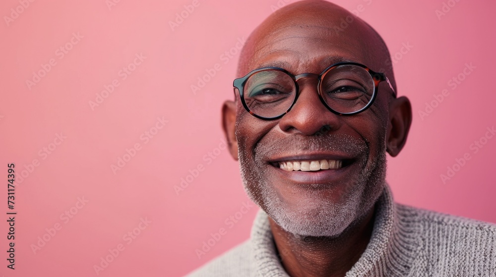 Smiling man with glasses and gray beard against pink background. Smiling man with glasses and gray beard against pink background.
