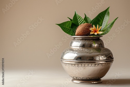 Silver kalash with coconut and leaves on gray background. Indian religious holidays. Hindu New Year, Gudi Padwa, Ugadi holidays. Design for banner, poster, card with copy space photo