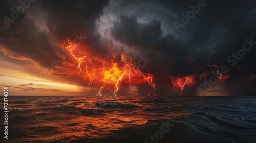 Thunderstorm of fire, clouds of toxic gases, unreal scary landscape