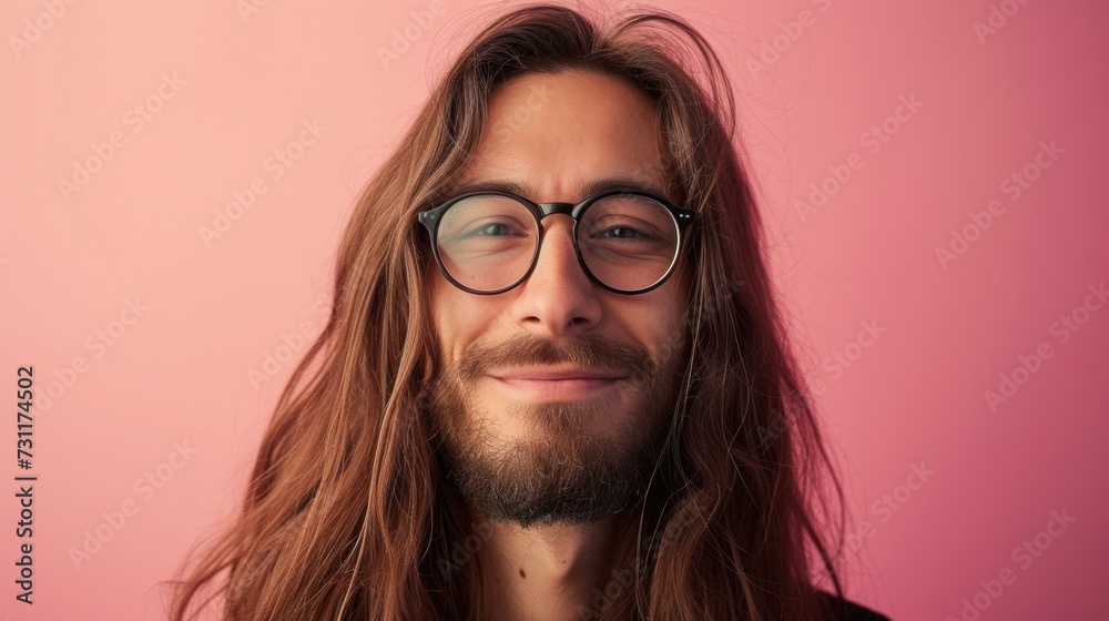 A man with long brown hair a beard and glasses smiling against a pink background. A man with long brown hair a beard and glasses smiling against a pink background.