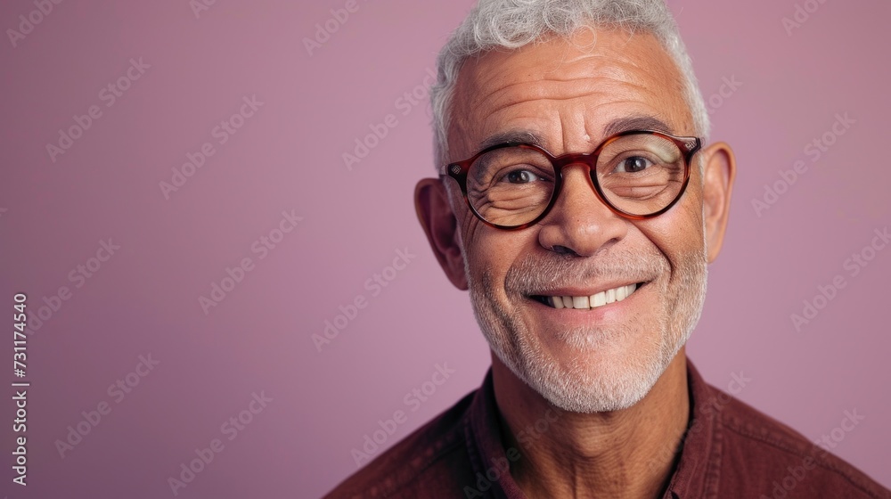 A man with a gray beard and hair wearing glasses smiling at the camera with a pink background. A man with a gray beard and hair wearing glasses smiling at the camera with a pink background.
