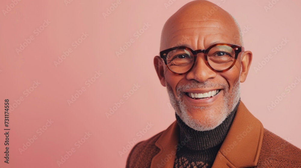 Smiling man with glasses and beard wearing brown suit and turtleneck against pink background. Smiling man with glasses and beard wearing brown suit and turtleneck against pink background.
