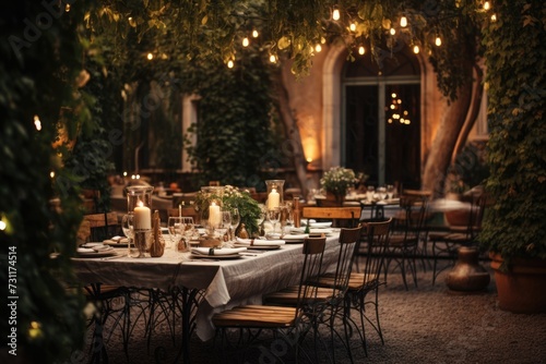 Magical Outdoor Dinner: Dreamy Setting with Decorations and Seating for an Elegant Party or Wedding photo