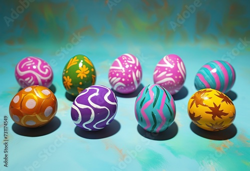 A multicolored background with Easter eggs resting on it, providing space for text. The image was created using a combination of human hands and artificial intelligence technology. 