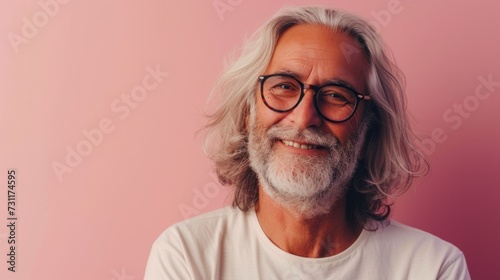 A cheerful older man with a white beard and long hair wearing glasses smiling against a pink background.