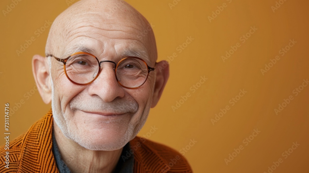 Smiling elderly man with glasses and a bald head wearing a patterned orange jacket against a warm yellow background. Smiling elderly man with glasses and a bald head wearing a patterned orange jacket against a warm yellow background.