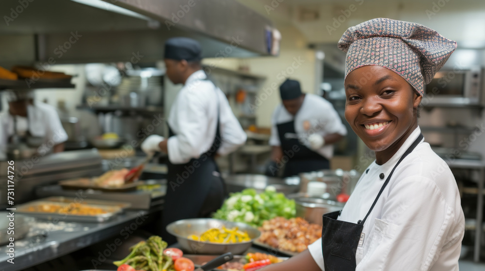 Happy smiling African American female cook in professional kitchen