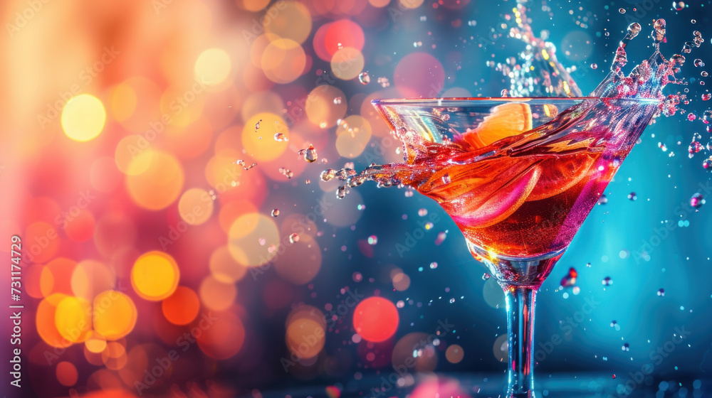 Cocktail in Martini glass with splash, frozen motion effect, on colorful bright bokeh background - obrazy, fototapety, plakaty 