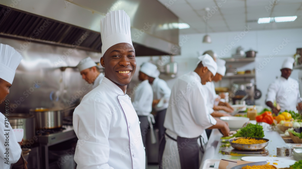 Smiling African American chef in restaurant kitchen Smiling African American chef in restaurant kitchen
