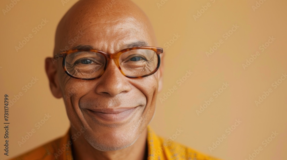 Smiling bald man with glasses and yellow shirt. Smiling bald man with glasses and yellow shirt.