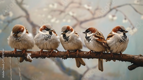 Four sparrows on a stick
