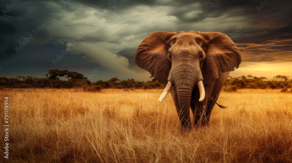 Fototapeta premium Big elephant in savannah, stormy dramatic sky, yellow sunset light