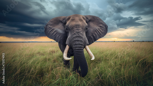 Big elephant in green savannah, sunset, dramatic clouds on horizon