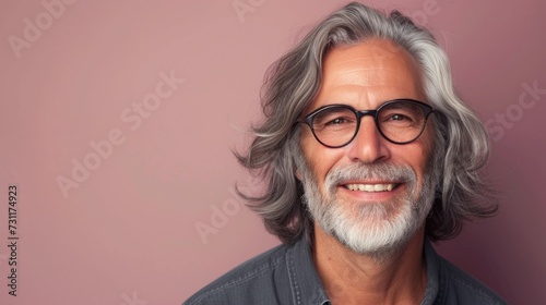 Smiling man with gray hair and beard wearing glasses against pink background. photo