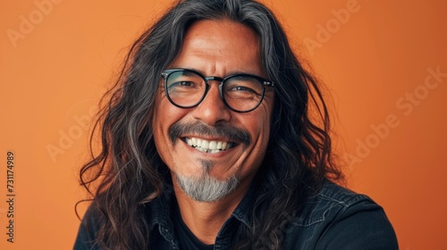 Smiling man with long hair and glasses wearing a denim shirt against an orange background. © iuricazac