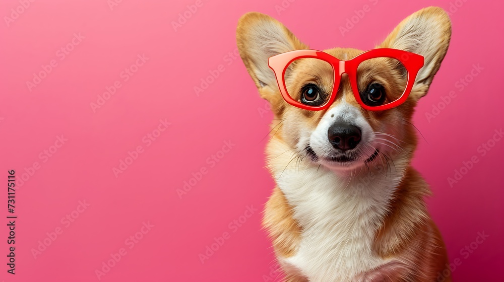 Funny puppy dog corgi in red heart shaped glasses isolated on pink background