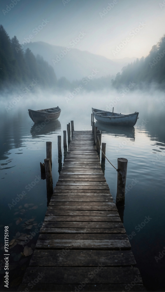 Nebeliger Morgen an einem ruhigen See mit Holzsteg und Booten - obrazy, fototapety, plakaty 