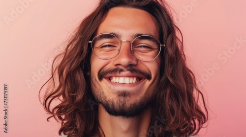 Smiling young man with long curly hair and eyeglasses against a pink background.