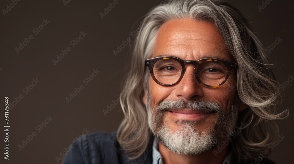 A man with gray hair and a beard wearing glasses smiling gently against a blurred background. A man with gray hair and a beard wearing glasses smiling gently against a blurred background.