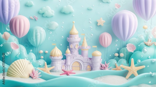 Under the Sea Castle Balloon Background, Featuring Starfish, Seashells, and Light Teal with Light Purple Accents