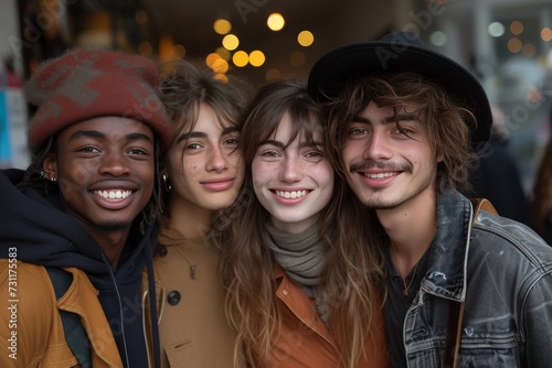 A group of stylish friends stand together, beaming with joy and sporting trendy jackets, scarves, and fashion accessories, capturing their cherished friendship in a single photograph