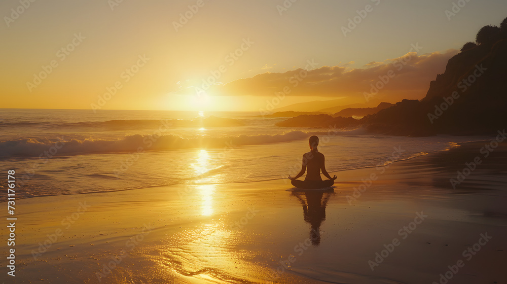 Silhouette of a person meditating, on the beach at sunrise. Yoga Practice at sunrise