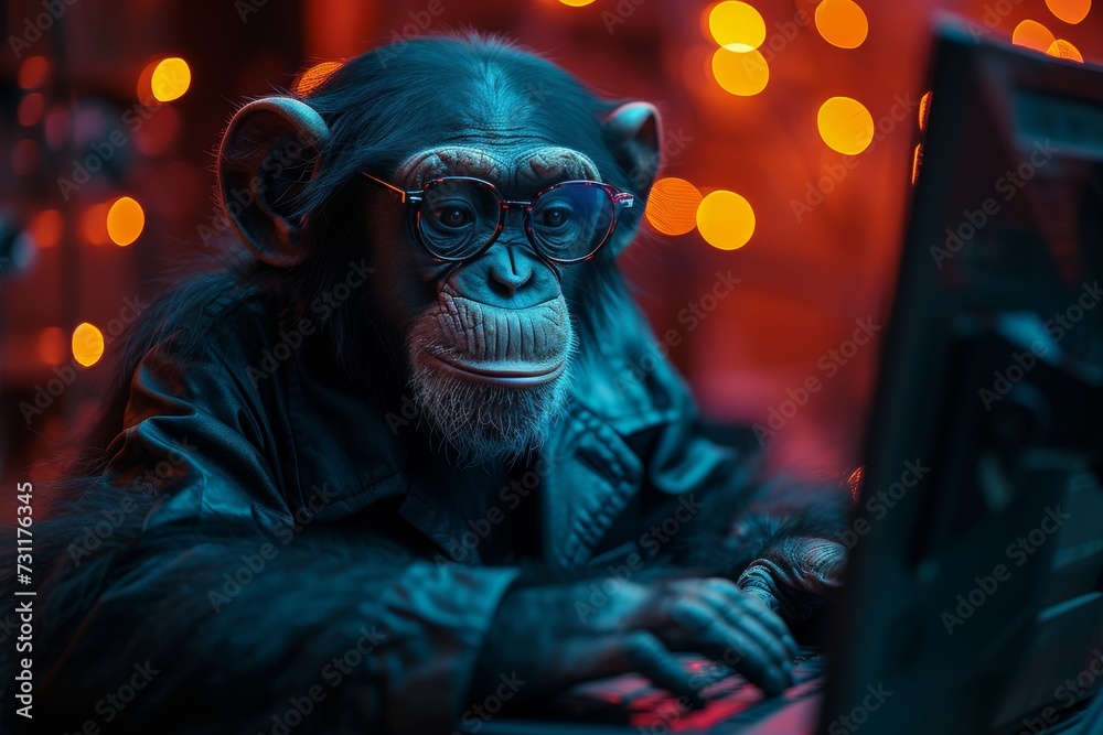 A studious monkey delves into the virtual world, donning a sophisticated look with his glasses and coat while typing away on his laptop indoors