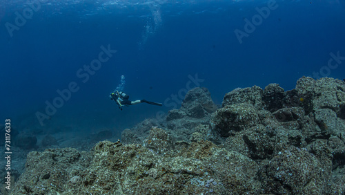 Female diver over rocky reef against blue background in Mauritius