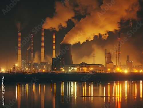 A looming factory in the night sky, its smokestacks billowing pollution into the clouds above, a symbol of industry and power, but also a reminder of the impact on our environment