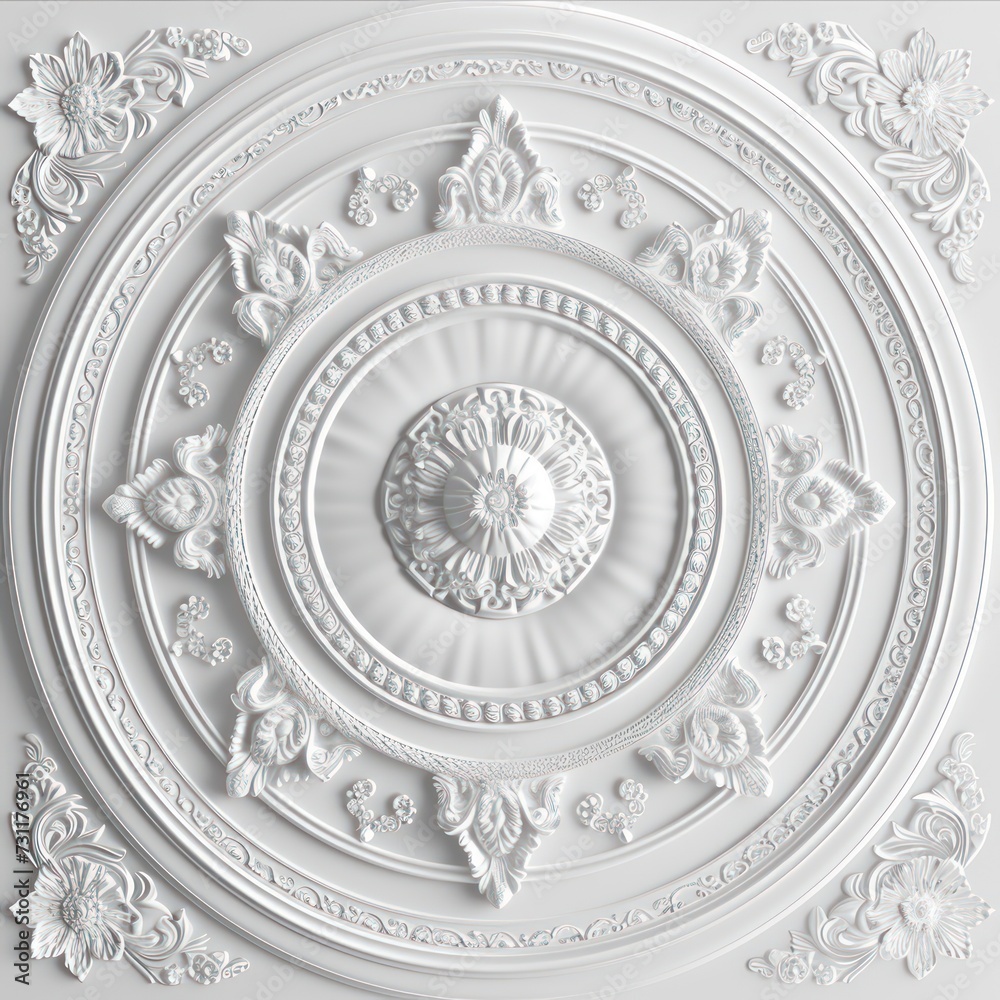 Victorian-style white decorative elements on 3D ceiling wall wallpaper, complemented by a frame-like background. Victorian-style white decorative elements on 3D ceiling wall wallpaper, complemented by a frame-like background.