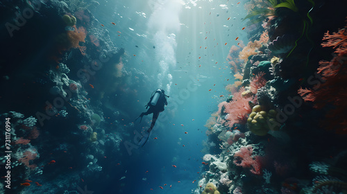 Scuba diver and coral reef. Underwater Exploration